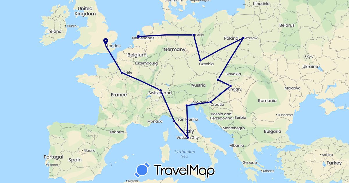 TravelMap itinerary: driving in Switzerland, Czech Republic, Germany, France, United Kingdom, Croatia, Hungary, Italy, Netherlands, Poland, Slovakia (Europe)